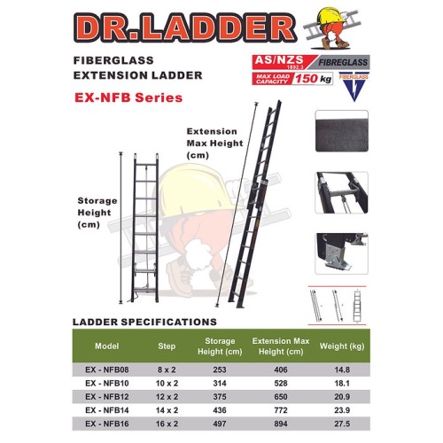 Dr. Ladder EX-NFB08 / EX-NFB10 / EX-NFB12 / EX-NFB14 / EX-NFB16 Fiberglass Extension Ladder